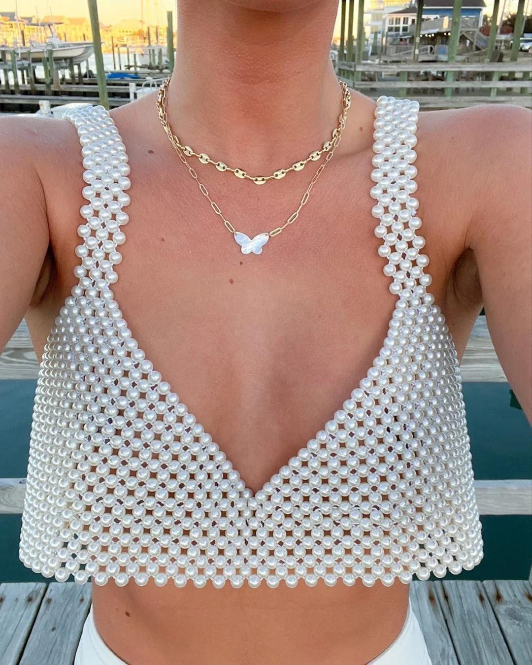 Haut court en résille avec perles pour femme, camisole évidée, couvertures de vacances de plage, chi