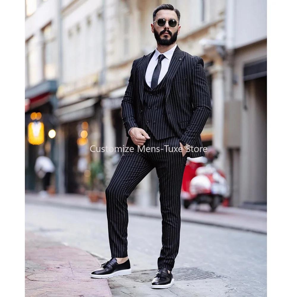 Costume noir à fines rayures pour hommes, ensemble blazer coupe couvertes, veste et pantalon, revers