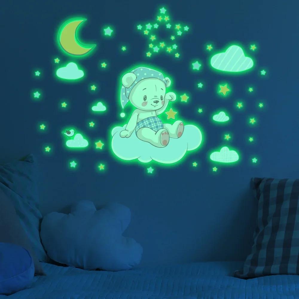 Autocollants muraux lumineux en ballon de lapin de dessin animé, papier peint qui brille dans la nui