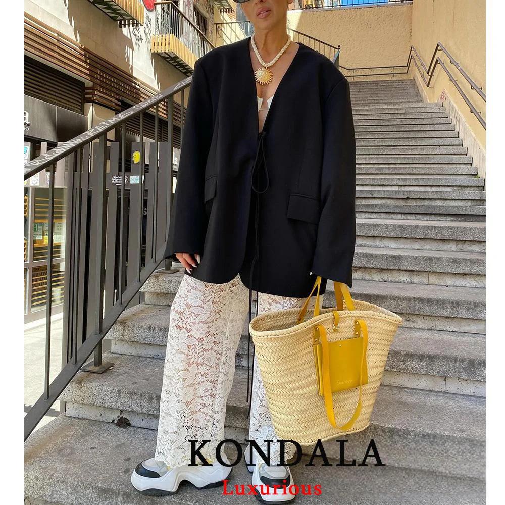 KONDALA décontracté surdimensionné noir Blazer femmes col en V nœud papillon poches vestes amples mo