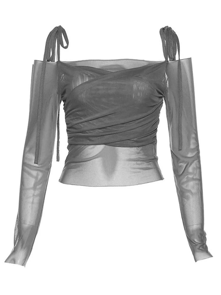 Haut court à col incliné pour femmes, couleur unie, sexy, épaules dénudées, à lacets, manches longue