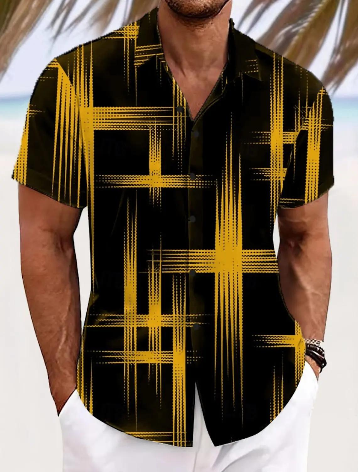 Chemise à carreaux à grille géométrique pour hommes, couleur dégradée, boutonnée, manches courtes, m
