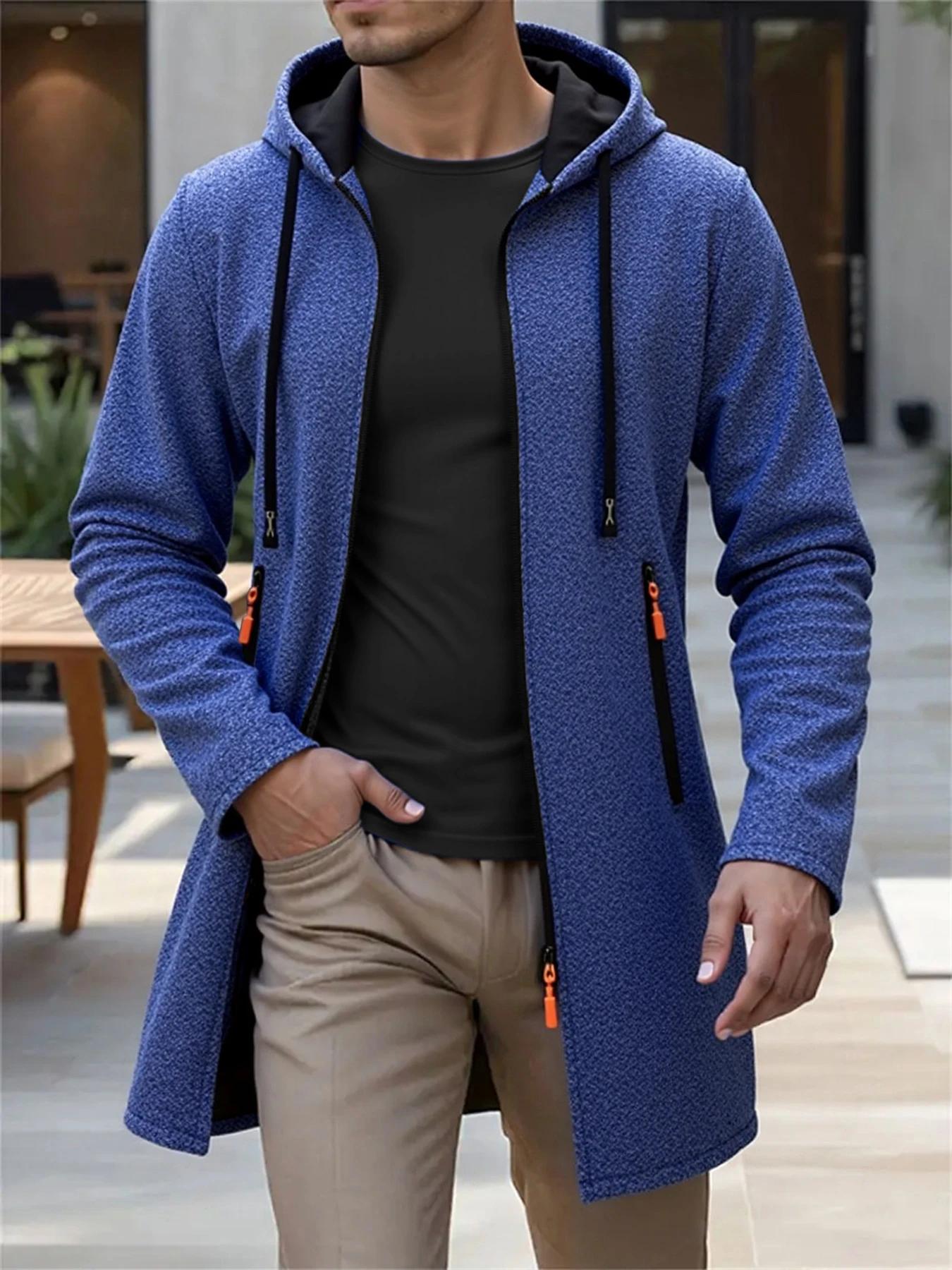 Printemps automne hommes vestes longues à capuche solide tricot Cardigan vêtements d'extérieur décon