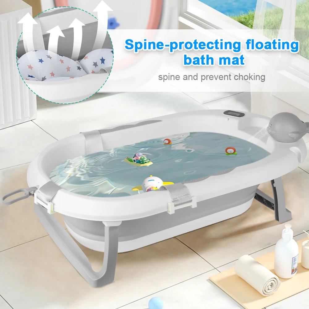 Baignoire Pliable Bébé avec Support en Acier, Thermomètre Intégré, Chapeau, Coussin Ergonomique et T
