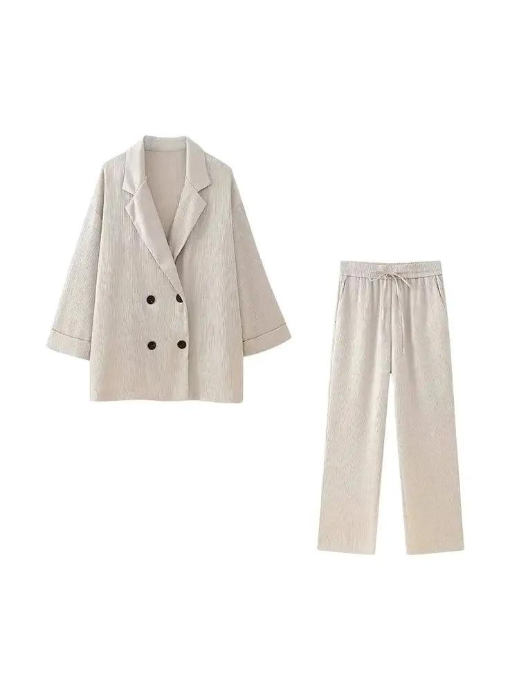 Manteau Blazer ample à Double boutonnage pour femmes, pantalon à jambes larges à taille haute élasti