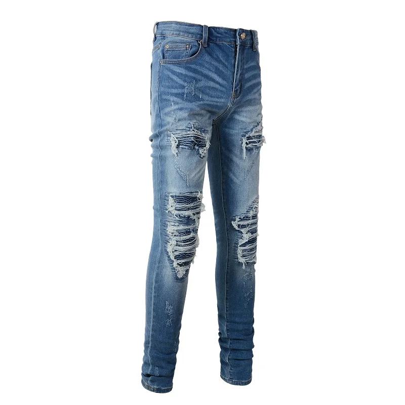 Jean de motard en Denim Stretch pour hommes, pantalon déchiré classique, bleu plissé, Patchwork, Str