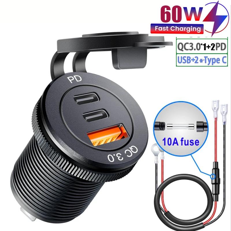 Prise USB 3.0, adaptateur de charge rapide Type-C 60W pour voiture, camion, moto, camping-car, batea
