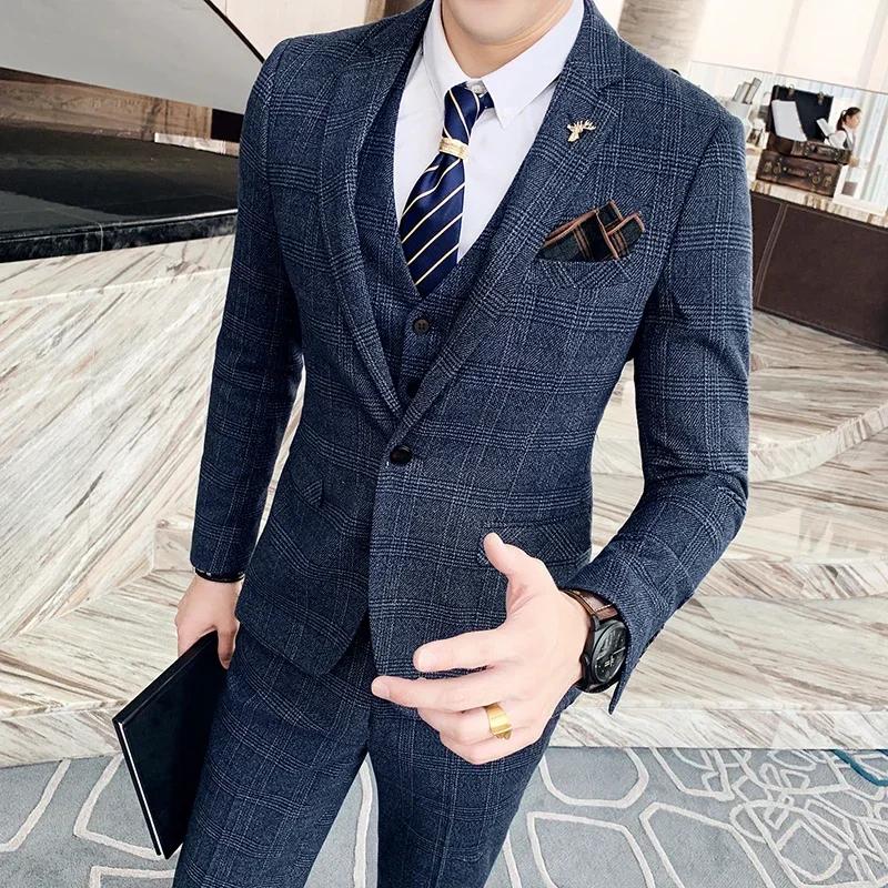 Ensemble de Banquet de Mariage à Carreaux pour Homme, Costume, Gilet, Pantalon, Grande Taille 5XL-M,