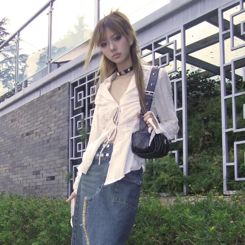 Chemise plissée à col en V Fairycore, chemisier à lacets, esthétique, Trash, style japonais irréguli