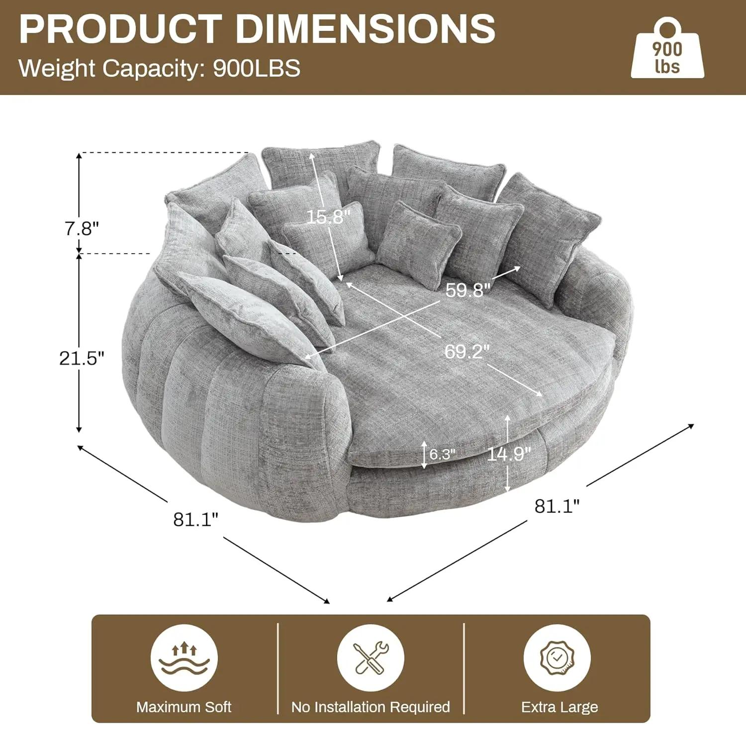 Chaise longue ronde surdimensionnée de 81,1 po de large, canapé pouf moelleux avec 14 coussins, faut