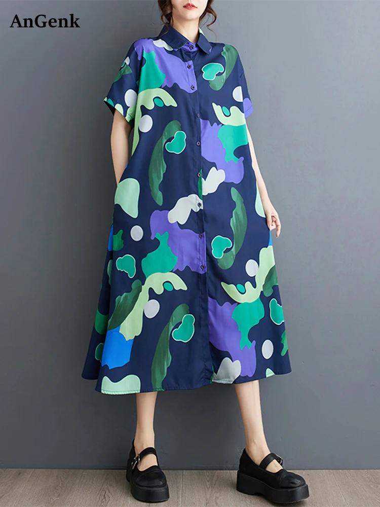 Robe chemise Vintage imprimée Patchwork pour femmes, manches courtes, ample, décontractée, mi-longue