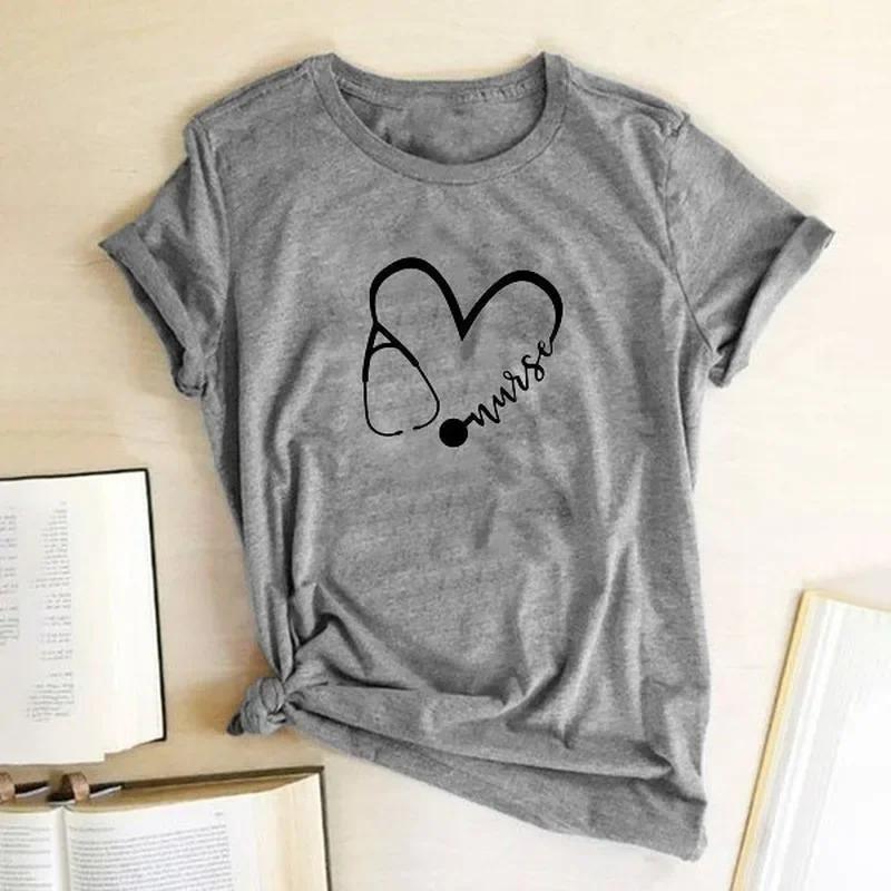 T-shirt col rond femme, estival et à manches courtes, avec stéthoscope et cœur imprimé
