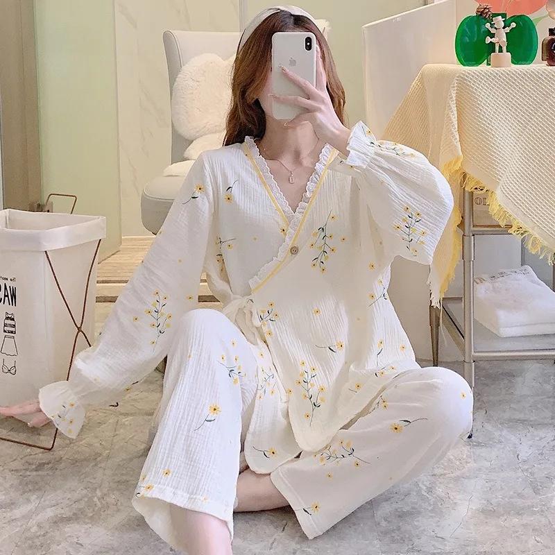 Robe de maternité en gaze de coton, kimono fin, pyjama d'allaitement pour la grossesse, post-partum,