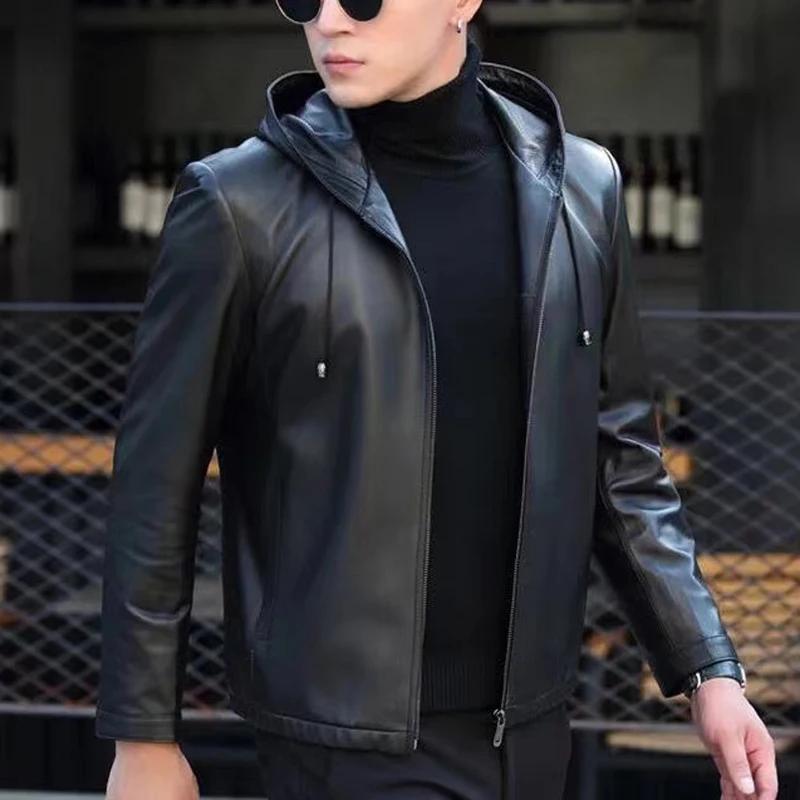 Veste en cuir véritable pour hommes, manteau court en peau de mouton avec capuche, vêtements décontr