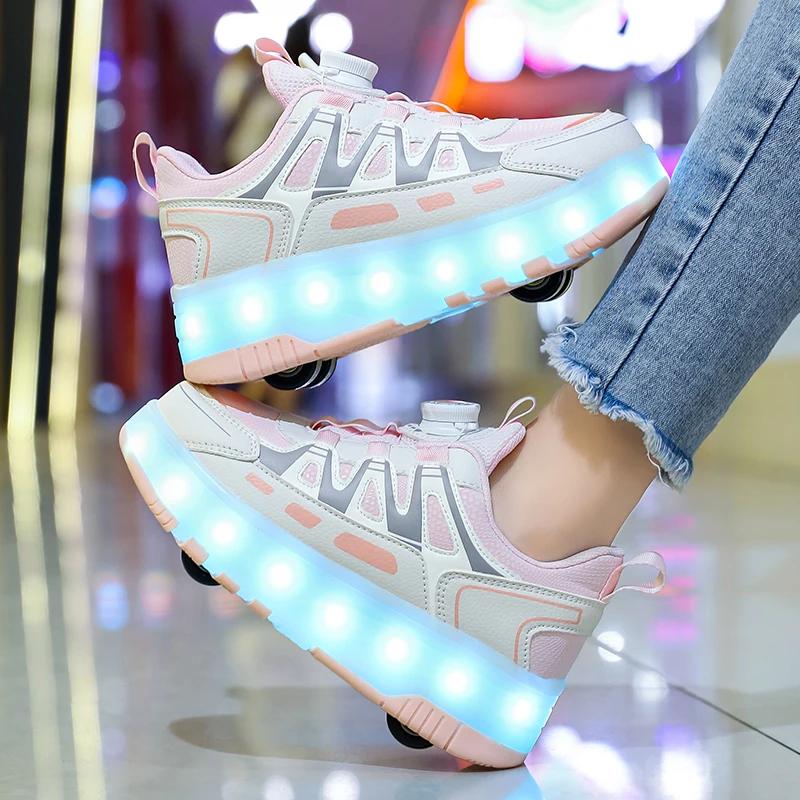 Chaussures de patin à roulettes pour enfants, baskets avec 4 roues, lumière LED lumineuse, chaussure