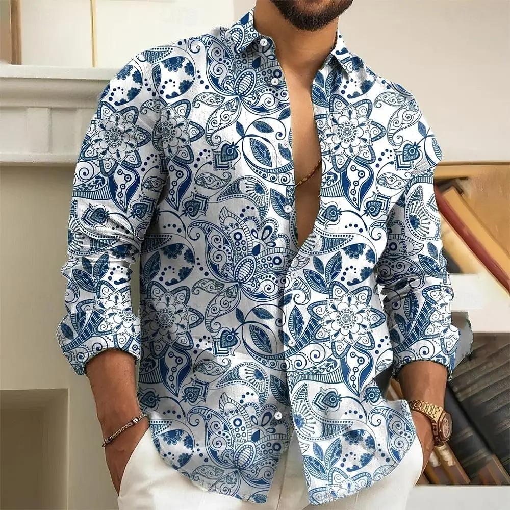 Chemise à manches longues à motif Floral Paisley 3D pour hommes, coupe ajustée en Polyester, vêtemen