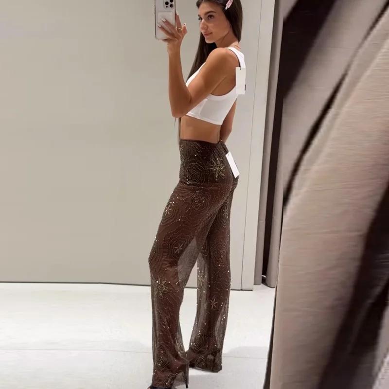 HXAO pantalons pour femmes printemps été 2025 perles marron pantalon paillettes translucides taille 