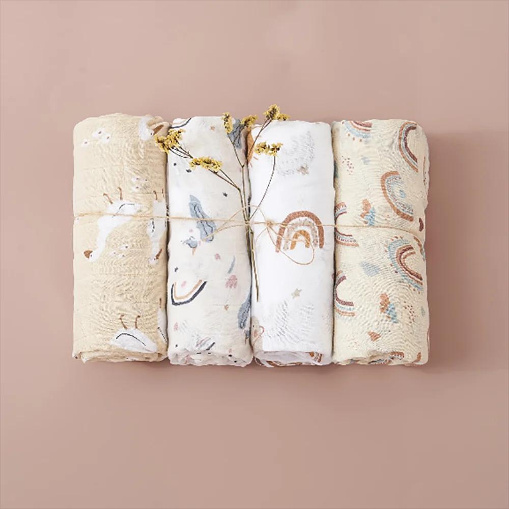 Couverture d'emmaillotage bébé en mousseline bambou - Serviette de bain douce nouveau-né - Sac de couchage 4 pièces
