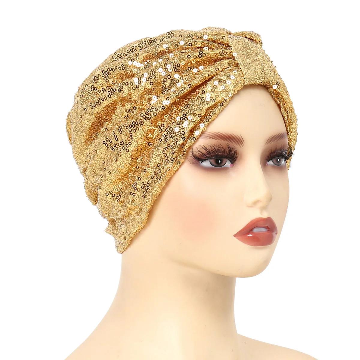 Chapeau turban noué à paillettes pour femmes, bonnet musulman brillant, vêtements de sauna, bonnet f