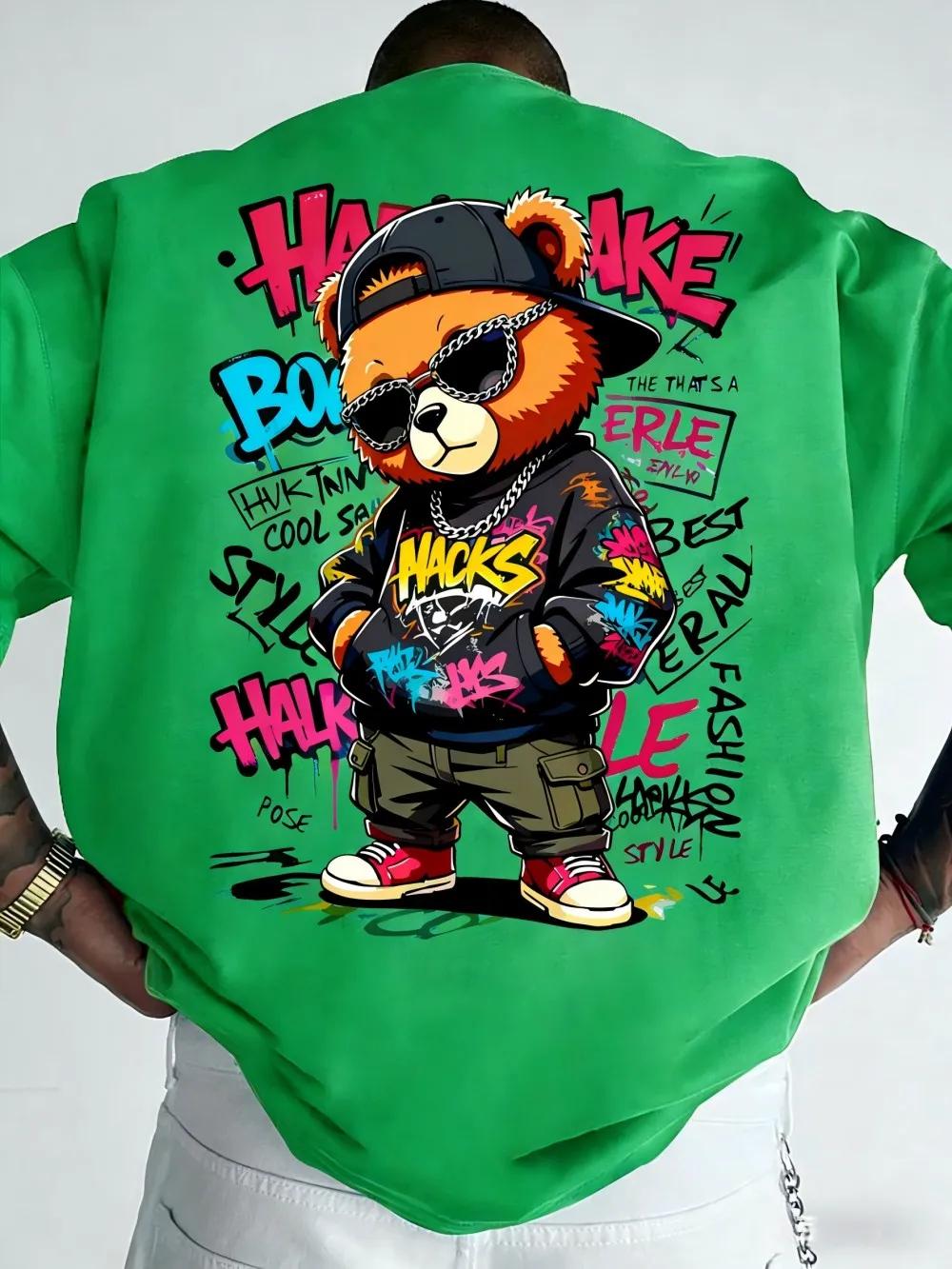 T-shirt à col rond pour hommes européens et américains, imprimé graffiti ours en peluche, confortabl