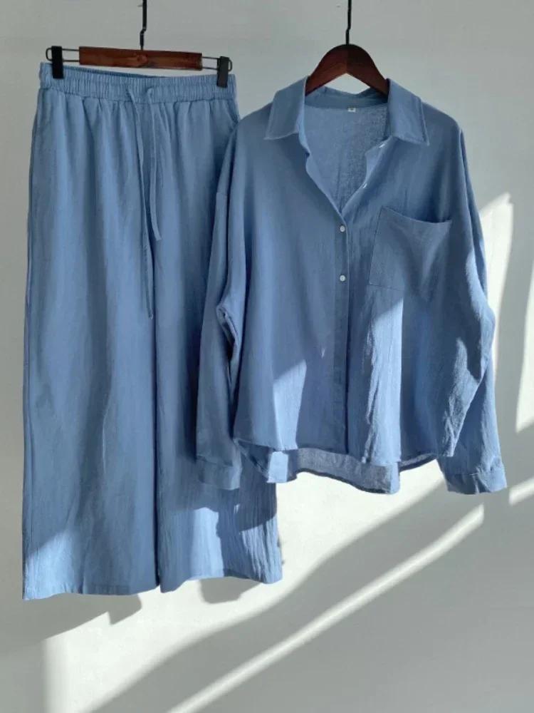 Costume chemise en coton et lin pour femmes, nouvelle tendance, taille haute, pantalon ample, ensemb
