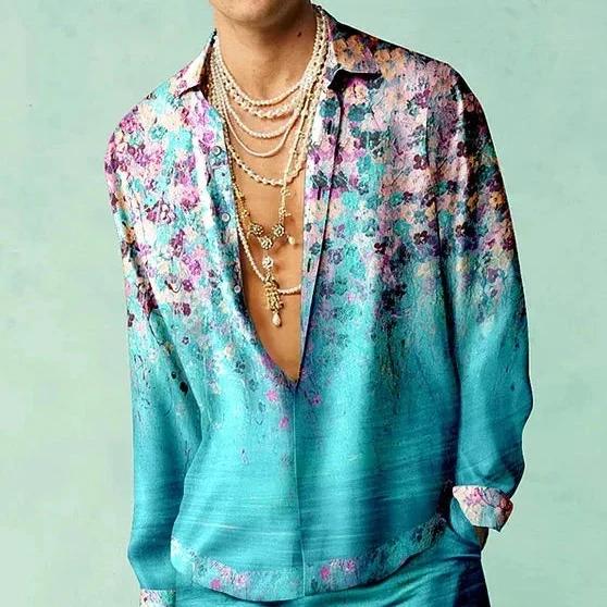 Chemise pour hommes rétro musique motif floral imprimé coupe ajustée rue extérieure à manches longue