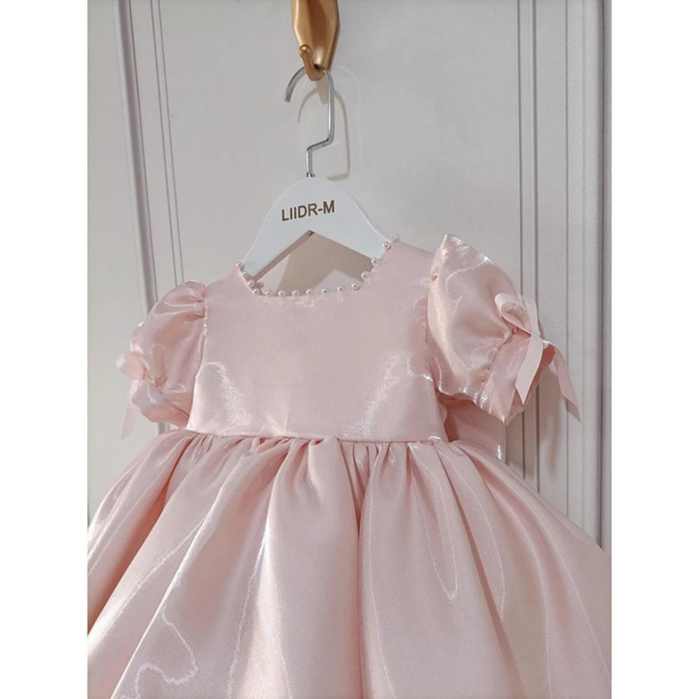 Robes pour enfants à manches bouffantes et perles roses, avec nœud, vêtements de spectacle de danse,