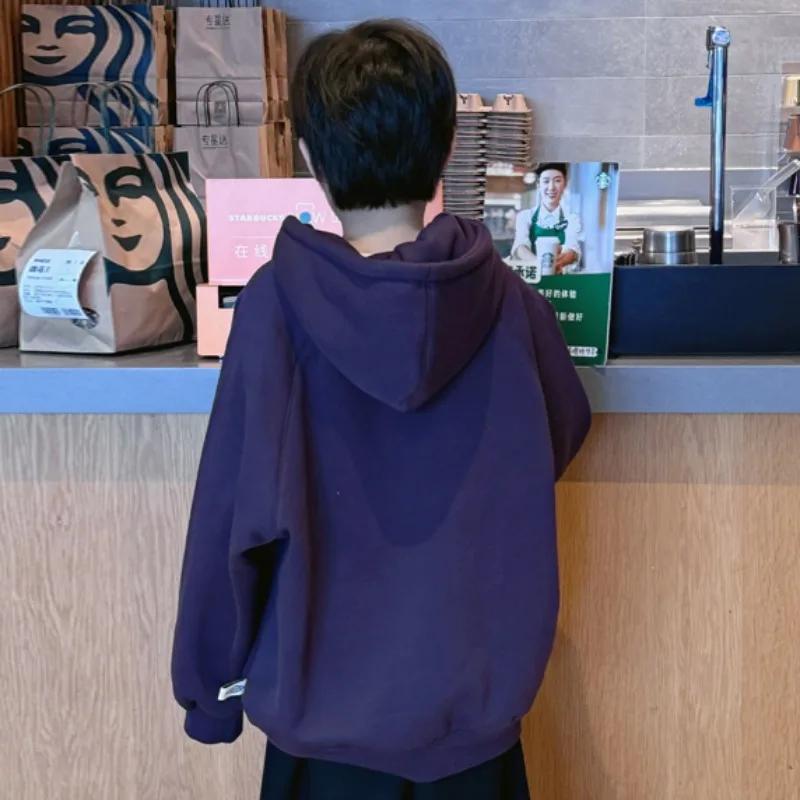 Sweat à capuche doublé de polaire pour garçons et grands enfants, élégant, polyvalent et chaud, pour
