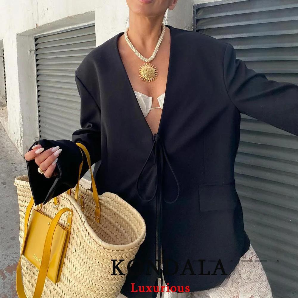 KONDALA décontracté surdimensionné noir Blazer femmes col en V nœud papillon poches vestes amples mo