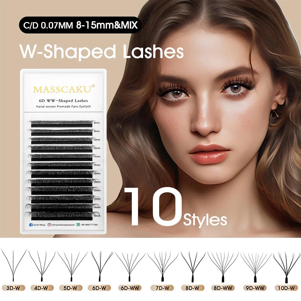 MASSCAKU-Lot de 10 boîtes de faux cils imperméables, épaisseur 0.07mm, design W, contaminants, volum
