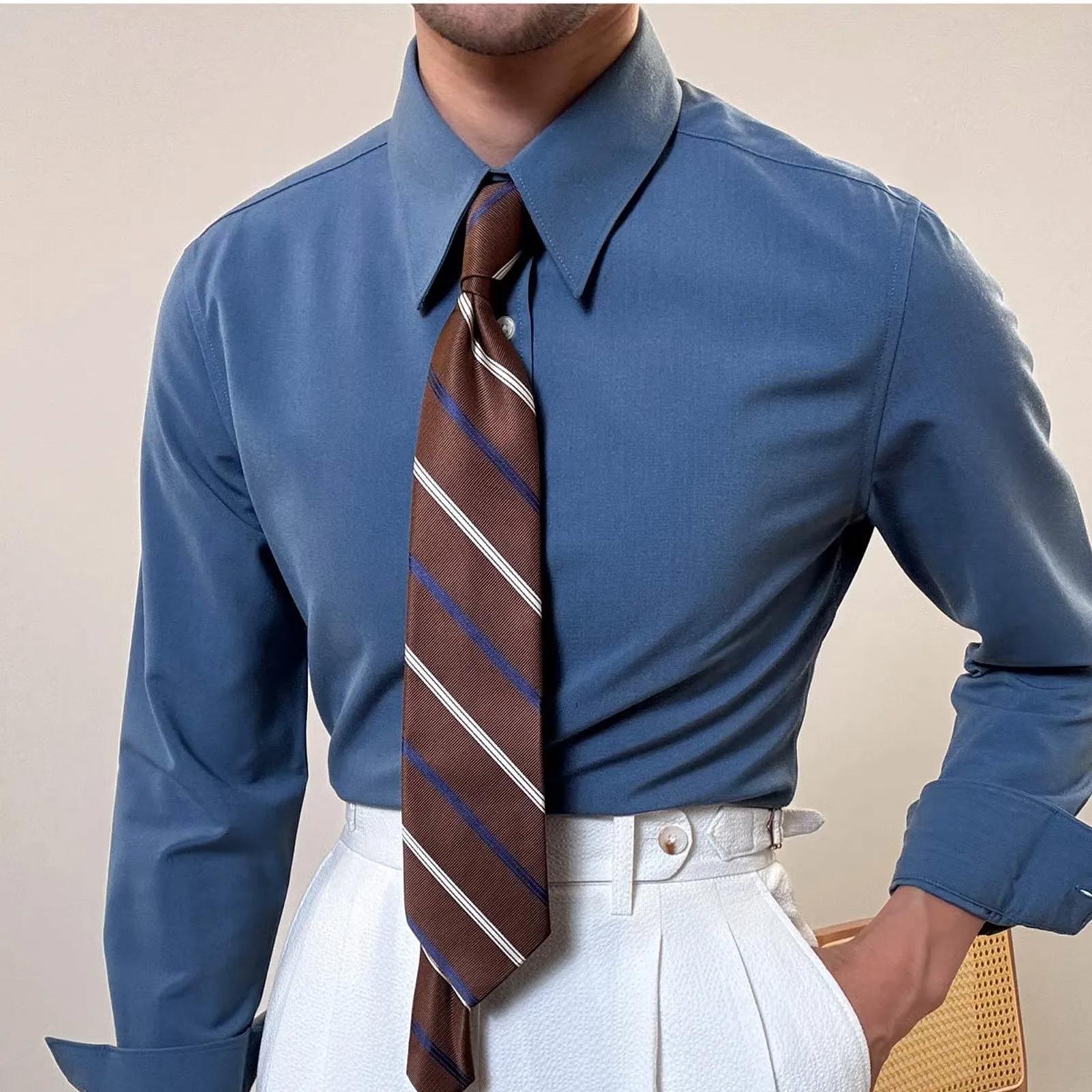 Chemise habillée formelle pour homme, style français, col long, en coton blanc infroissable, avec po