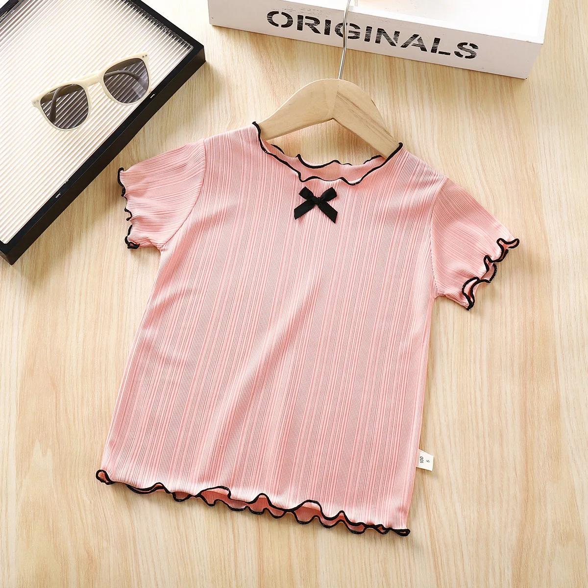 T-shirts d'été à manches courtes en tricot fin avec volants et dentelle pour bébés filles, nouveaux 