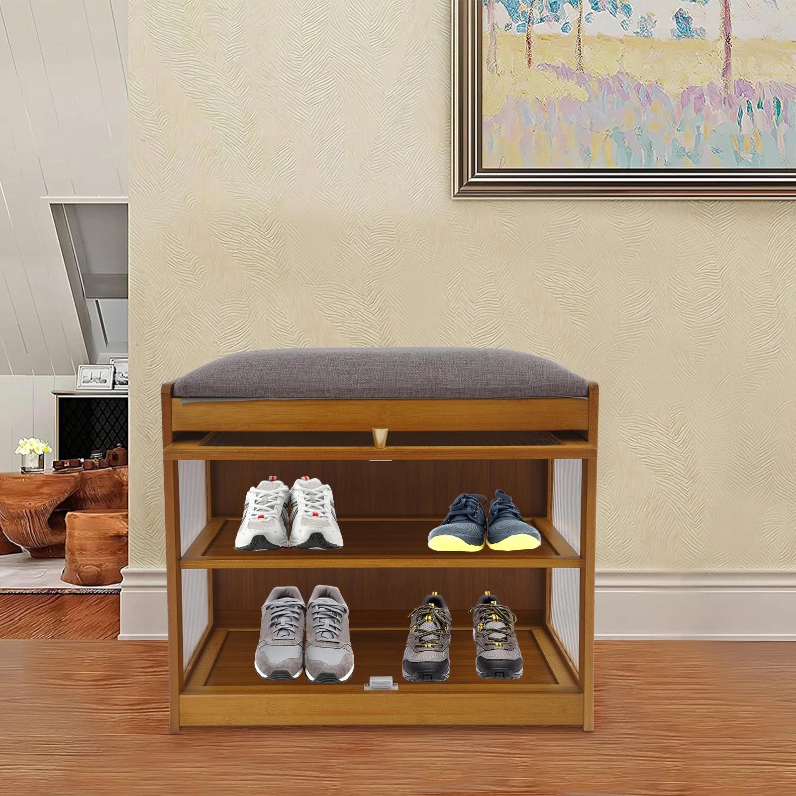 Banc à chaussures rectangulaire à 2 niveaux avec coussin et espace de rangement pour entrées, couloi