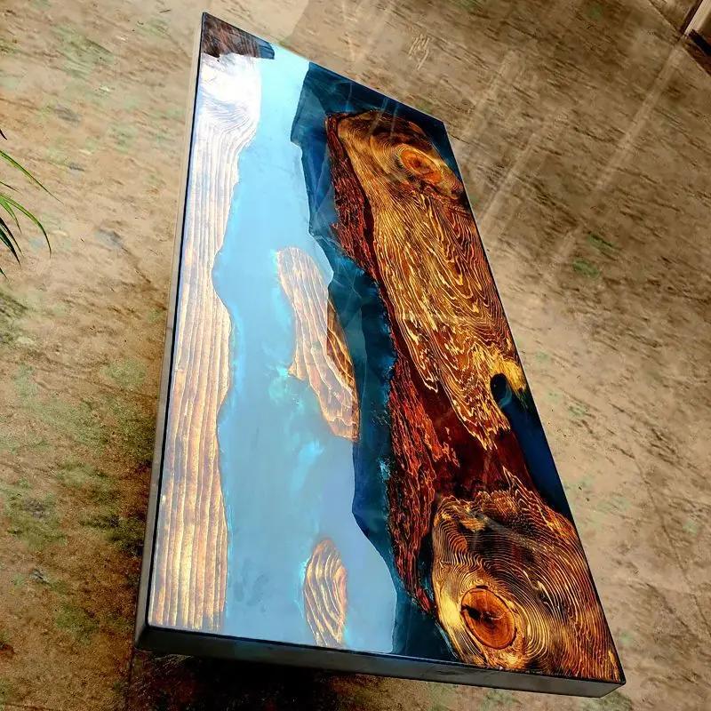 Table en résine époxy, grande planche en bois massif, fabricant de thé, thé, carré, café, rivière