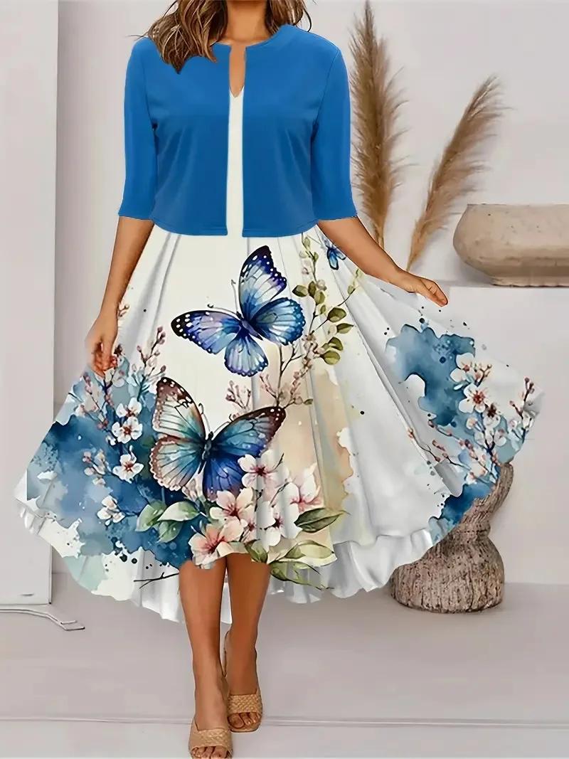 Robe longue pour femmes, ensemble deux pièces imprimé floral, col rond, manteau, Europe et états-uni