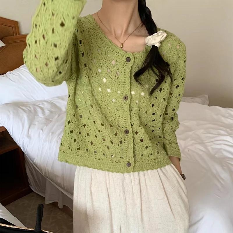 Haut en Crochet à manches longues pour femmes, veste Cardigan en tricot ajouré à boutons transparent