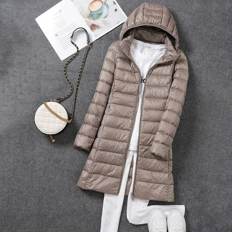 Veste de printemps ultralégère et fine pour femme, longue, pliable, chapeau détachable, jupe cintrée