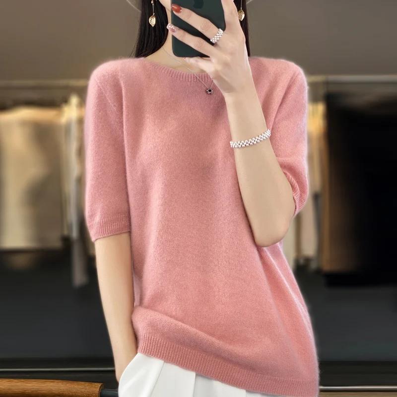 T-shirt tricoté à col rond pour femme, 100% laine mérinos, pull coréen à manches courtes, basique, c