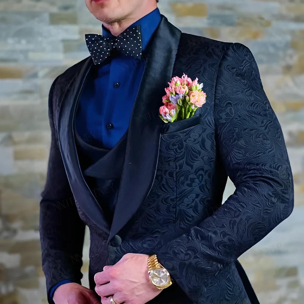 Costume bleu marine pour hommes, veste et pantalon en Jacquard, ensemble 3 pièces, smoking formel po