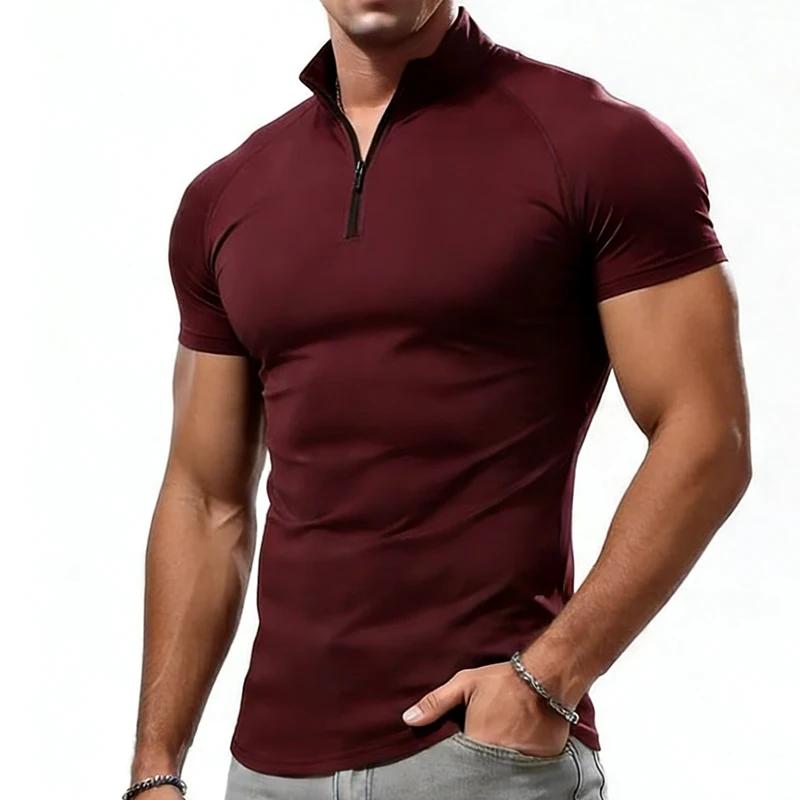 T-shirt de compression pour homme, col zippé, été, hauts décontractés, fitness, gym, coupe ajustée, 