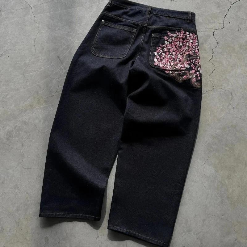 Y2K Baggy jeans fleur de cerisier lisière broderie Denim pantalon hommes femmes denim tissu américai