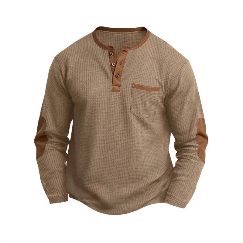 T-shirt Homme Nouvelle Collection Printemps-Automne en Coton Gaufré à Manches Longues et Col Henley 