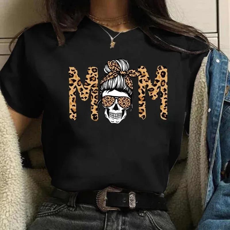 Momlife – t-shirt manches courtes col rond femme, ample, tête de mort, imprimé léopard