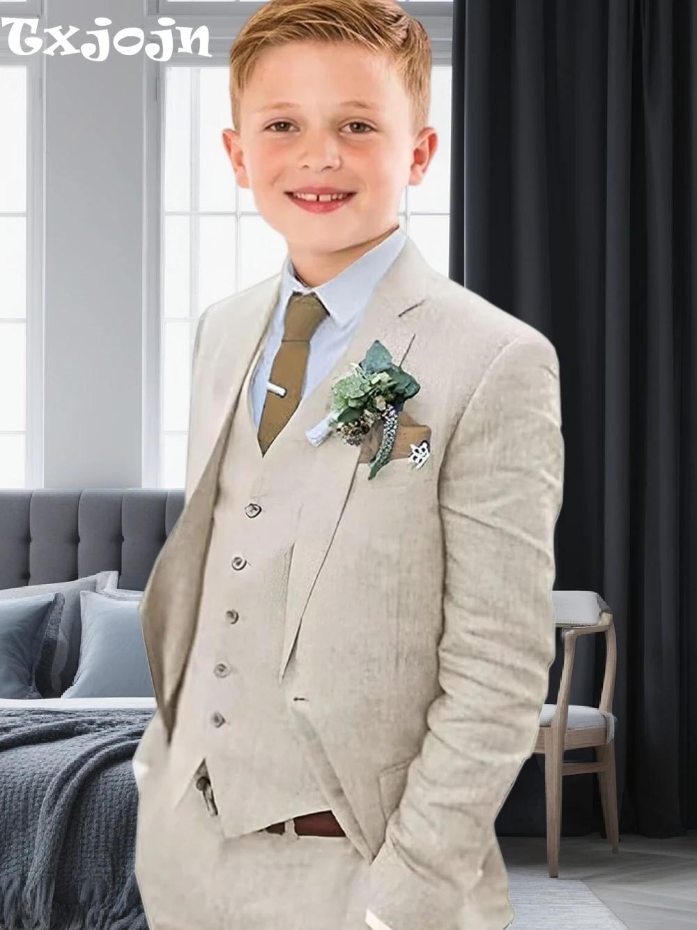 Costume en lin pour garçons, coupe cintrée, 3 pièces, Blazer, gilet, pantalon, été, plage, mariage, 
