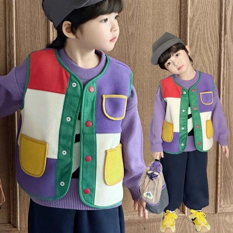 Gilet polaire pour enfants, Patchwork coloré, isolation thermique, chaud, pour garçons, nouvelle col