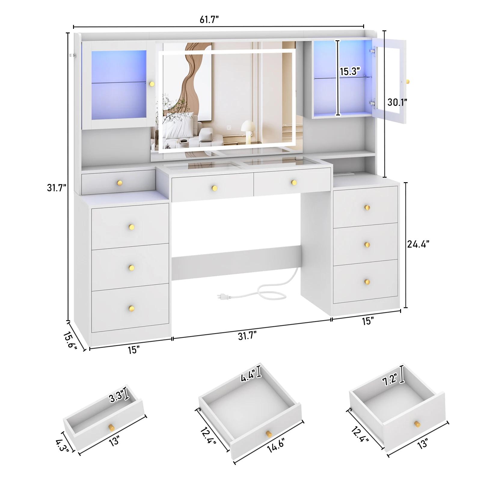 Grand bureau de courtoisie avec miroir et lumières, coiffeuse de maquillage avec station de charge, 