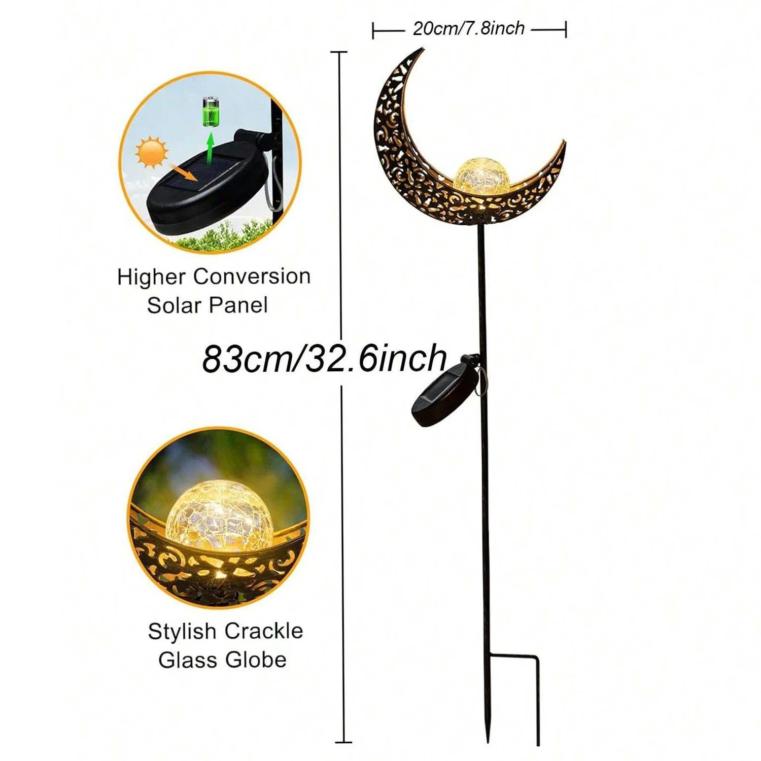 Lumières solaires LED en verre craquelé nickel é de lune, ornement de piquet en métal blanc chaud, l