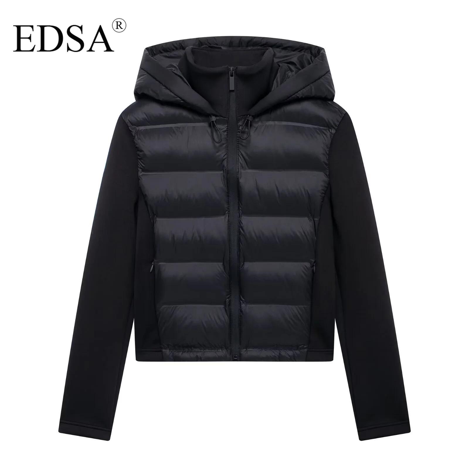 EDSA Veste rembourrée noire pour femme, capuche réglable avec bouchons, col haut, manches longues, p