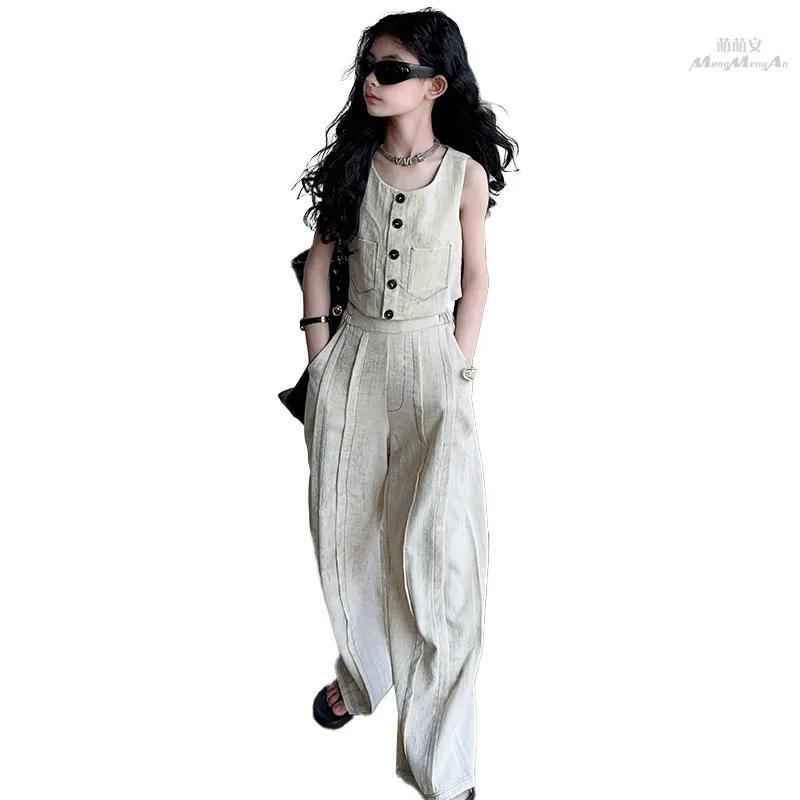 Ensemble de vêtements d'été pour adolescentes de 4 à 14 ans, gilet sans manches + pantalon décontrac