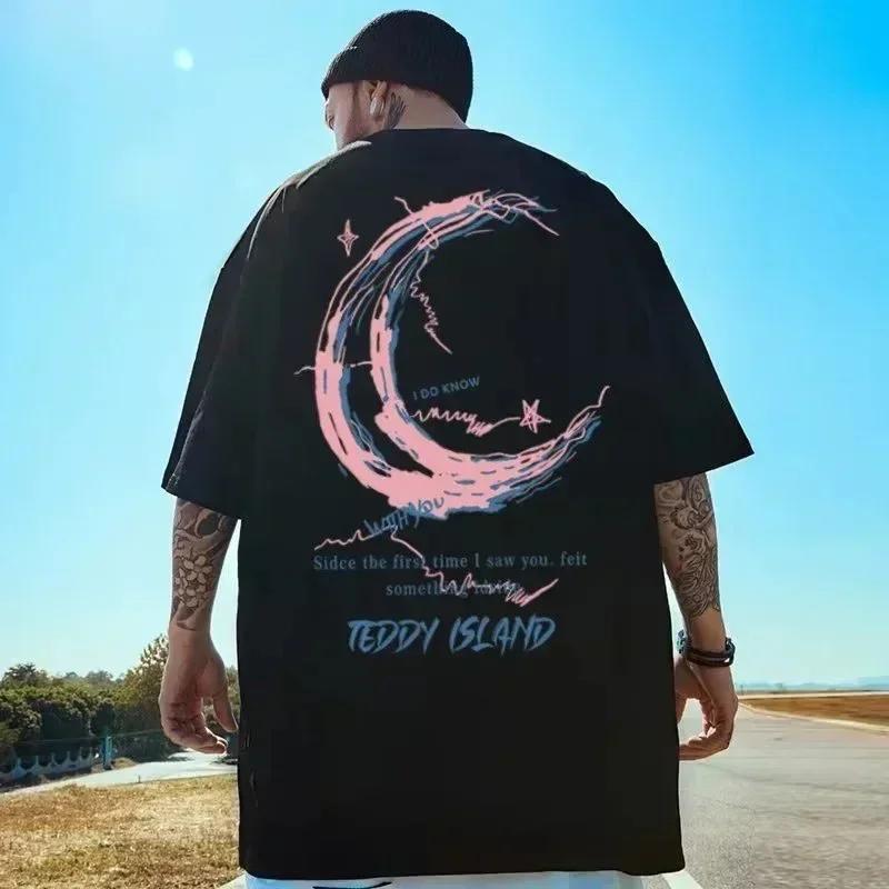 Hommes surdimensionné 8XL T-shirt mode ample américain Vintage rose croissant imprimé à manches cour